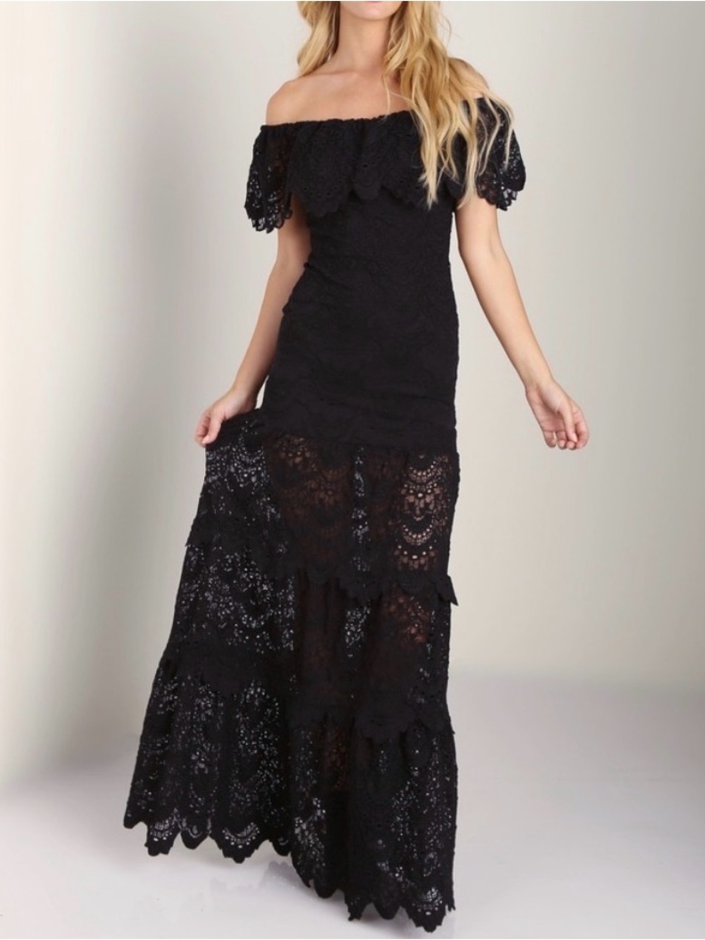 Gianni Bini Black Lace Off the Shoulder Maxi Dress - Small